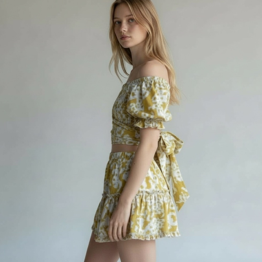 LUXXEL Mini Skirt and Tie Top 2 Piece Set Yellow White Size Medium